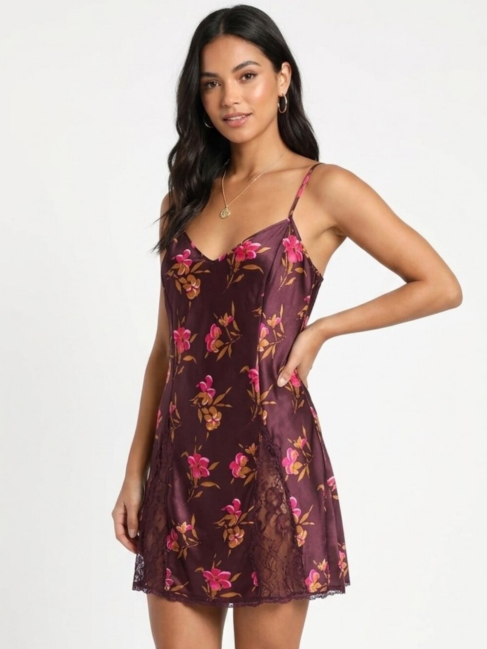 Vtg Victoria's Secret Gold Label Plum Silky Floral Slip Dress Lingerie Nightie L